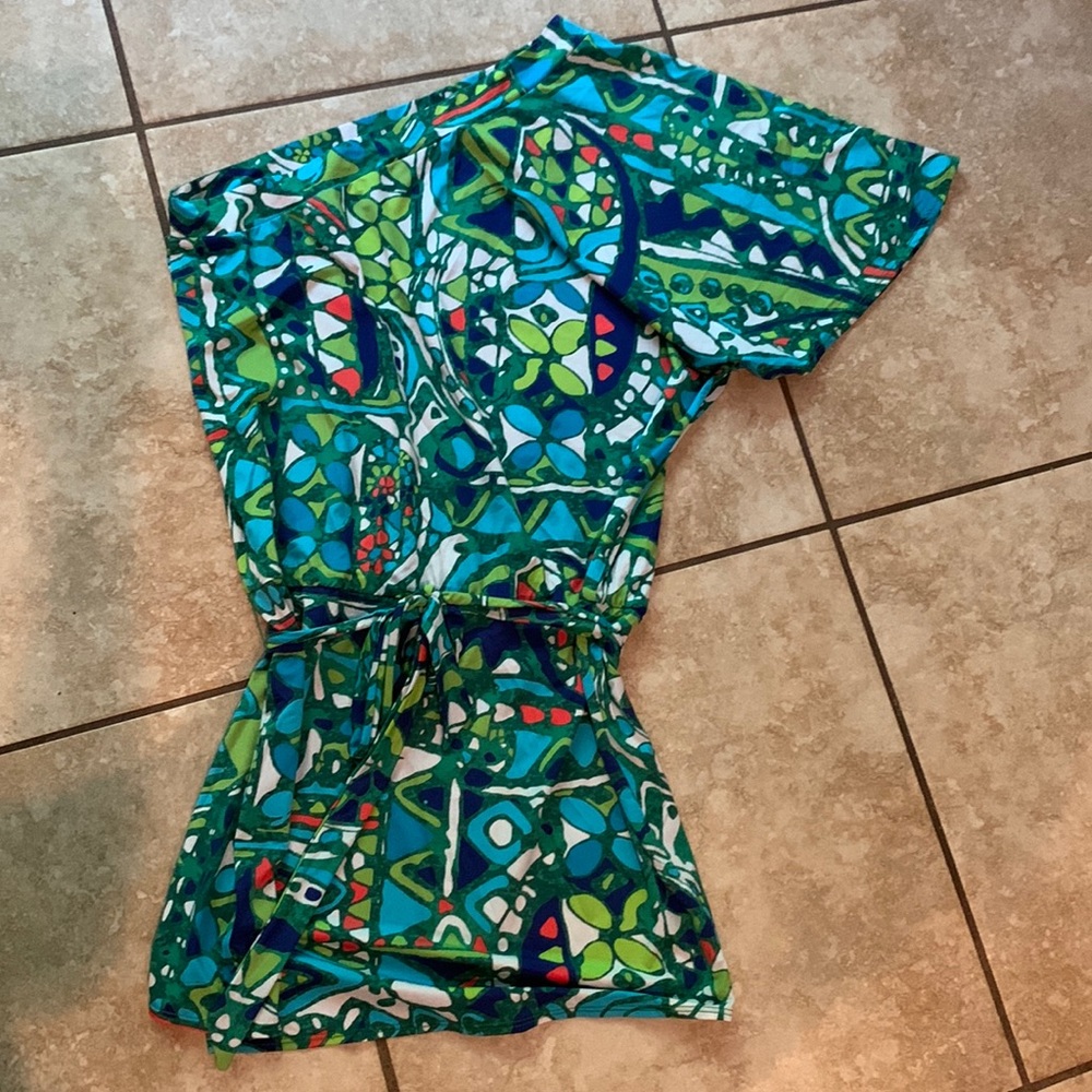 Trina Turk dress/ cover up. Bathing suit material mini dress with one shoulder.
